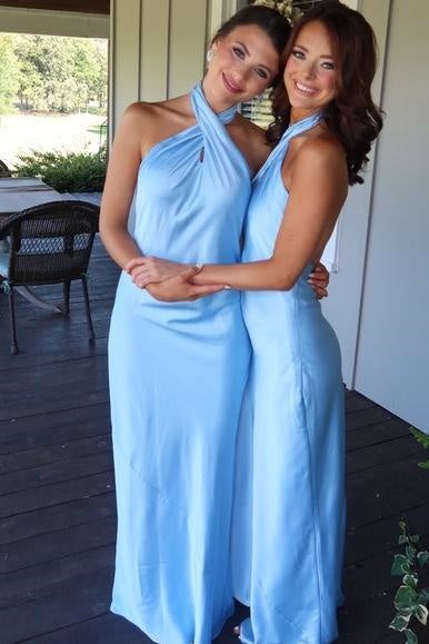 Blue Halter Backless Satin Bridesmaid Dresses