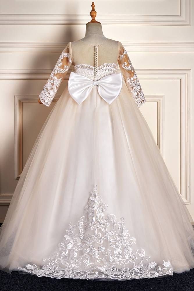 White Jewel Neck Long Sleeves Ball Gown Flower Girl Dresses