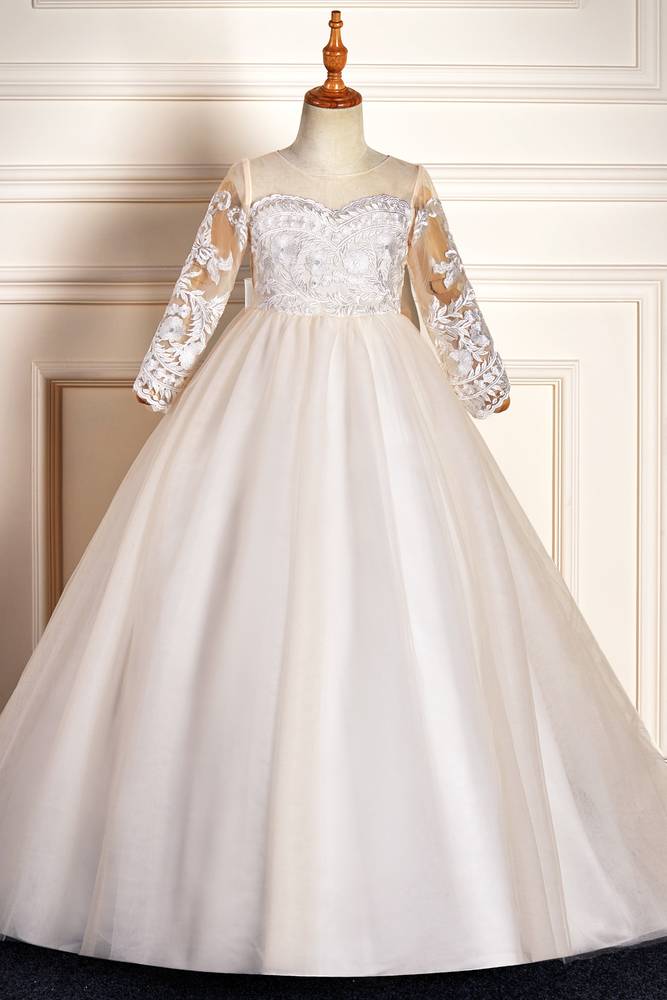 White Jewel Neck Long Sleeves Ball Gown Flower Girl Dresses