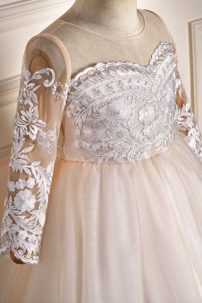 White Jewel Neck Long Sleeves Ball Gown Flower Girl Dresses