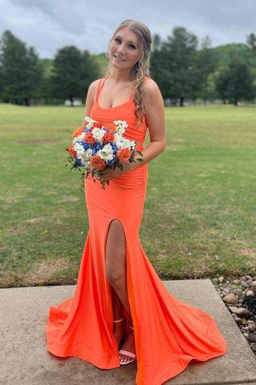 Orange Sweep Train Spaghetti Straps Prom Formal Dresses with Slit