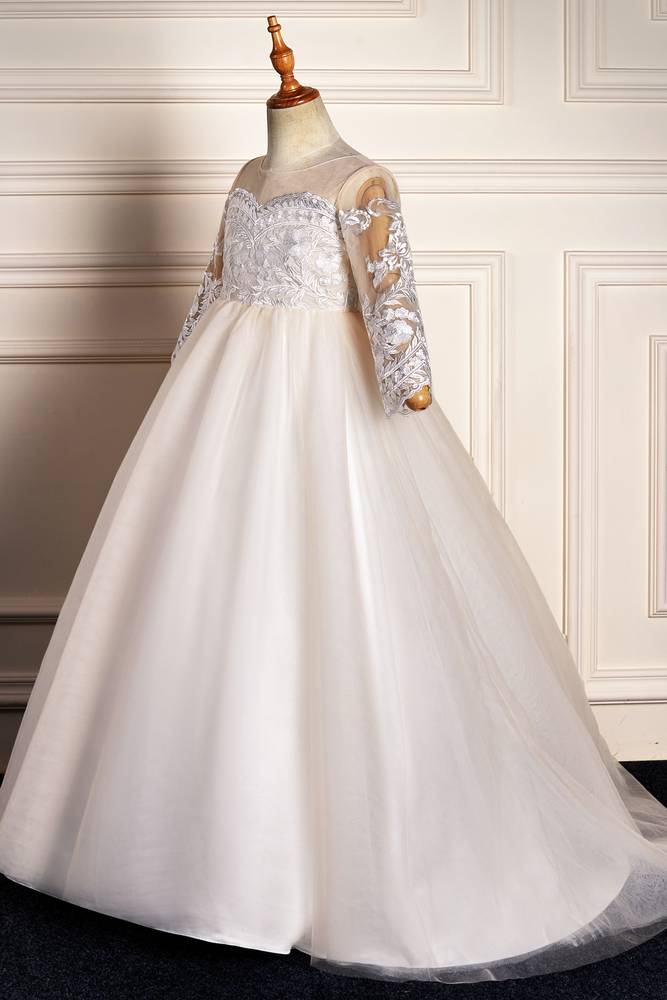 White Jewel Neck Long Sleeves Ball Gown Flower Girl Dresses