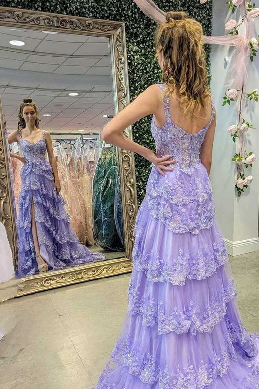 Lavender Sequined Mermaid Off-The-Shoulder Party Dresses with Slit