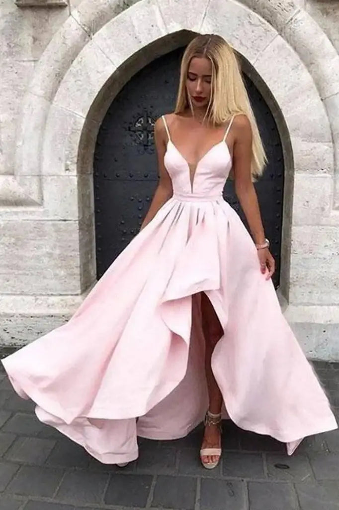 Pink A-Line Satin V-Neck Formal Prom Dresses with Slit