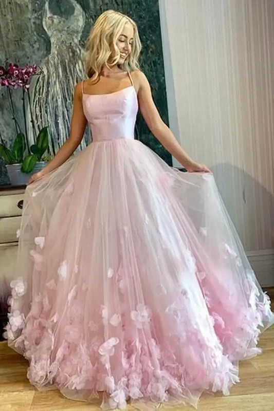 Blushing Pink A-Line Tulle Spaghetti Straps Party Prom Dresses with Flowers