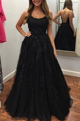 Black Spaghetti Straps Long A-Line Tulle Prom Formal Dresses with Appliques