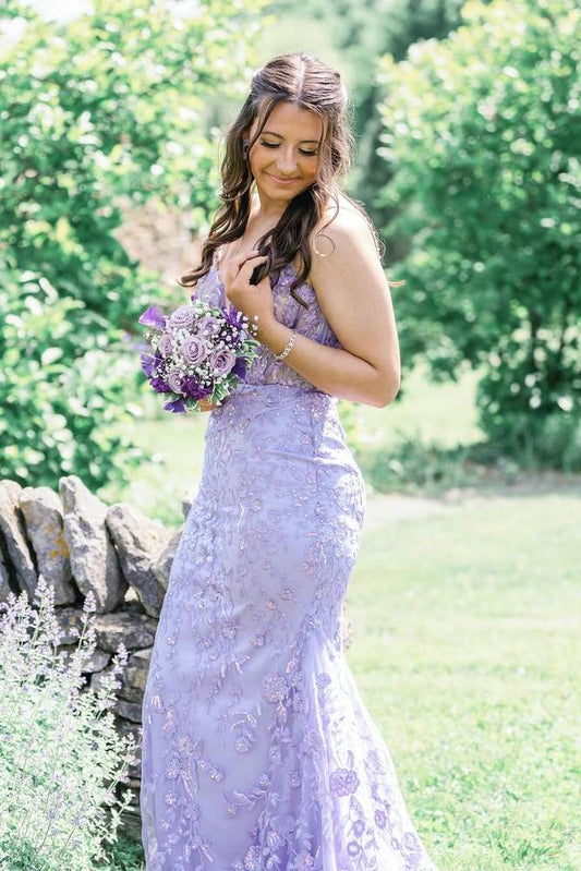 Lavender V-Neck Mermaid Tulle Prom Dresses with Appliques