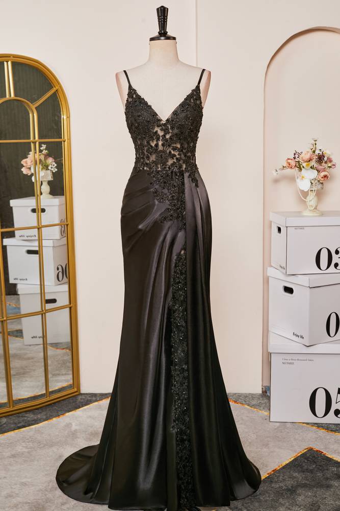 Black V-Neck Mermaid Lace Satin Prom Dresses with Sweep Train