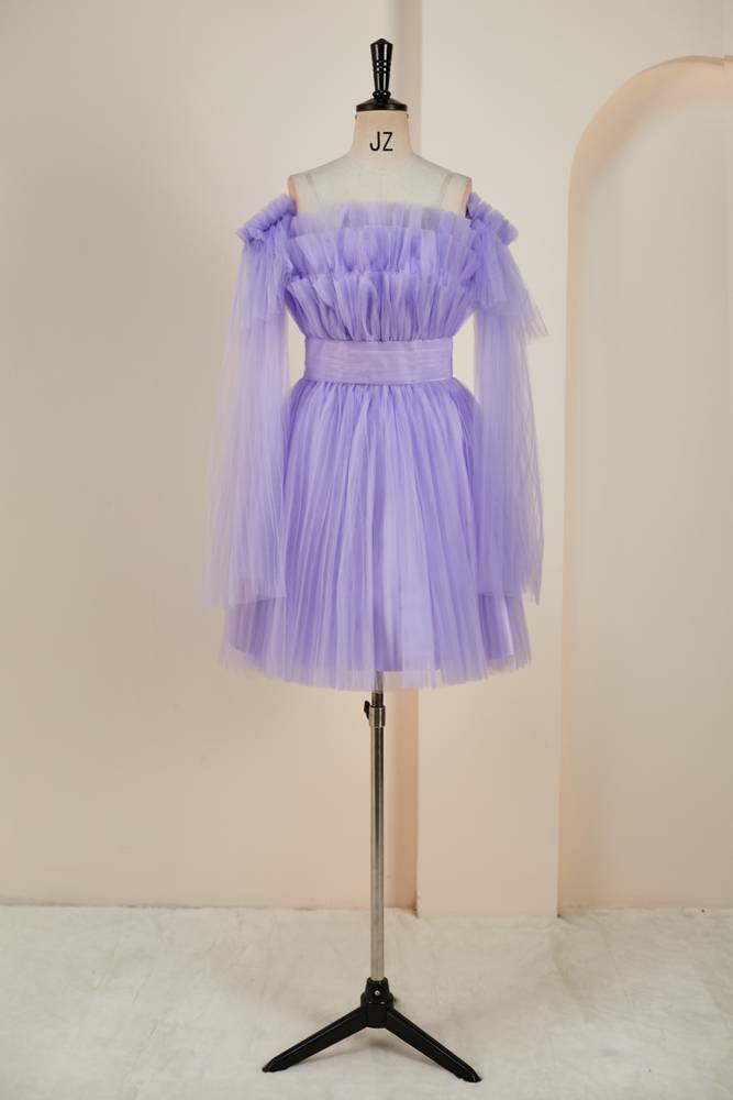 Lavender Off-The-Shoulder Long Sleeves Tulle Homcoming Dresses