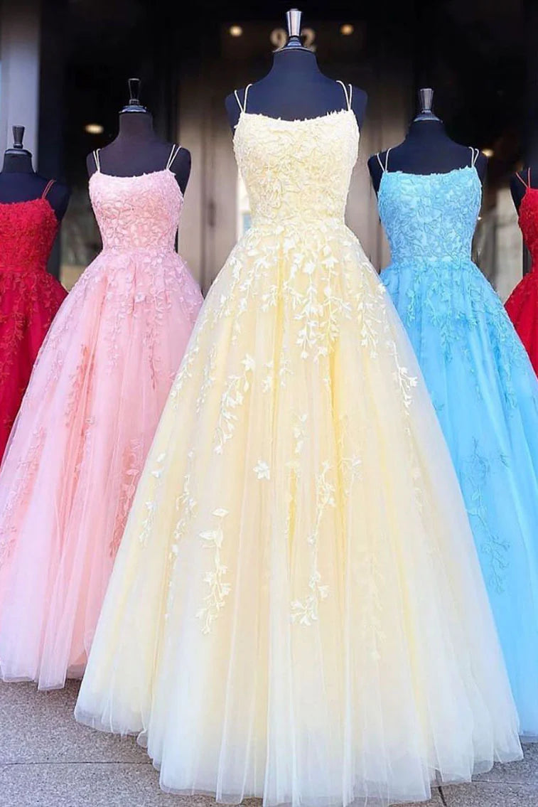 Spaghetti Straps Long A-Line Tulle Prom Formal Dresses with Appliques