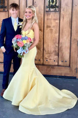 Yellow Strapless Long Mermaid Satin Prom Party Dresses