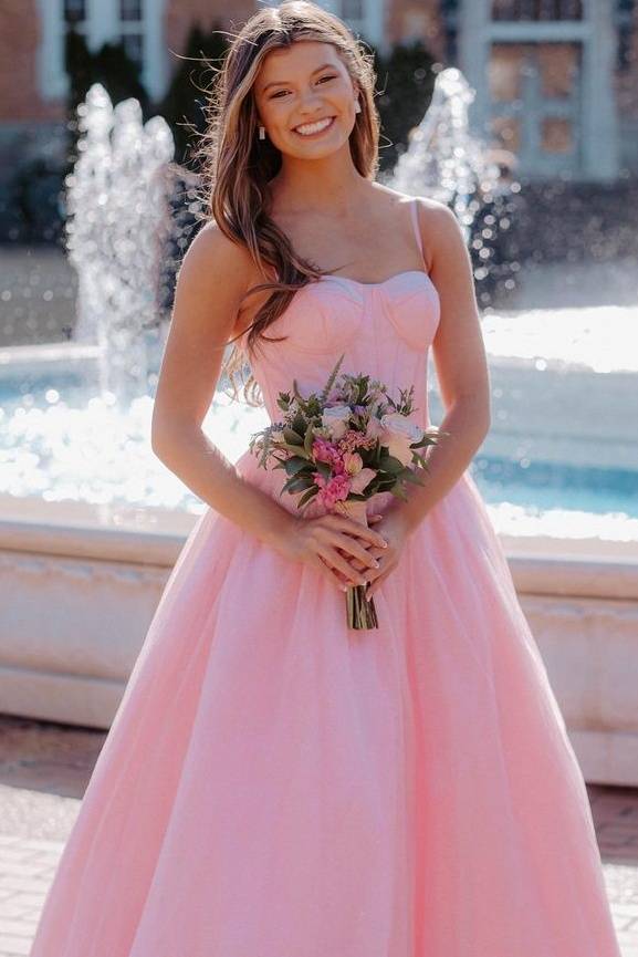 Pink Sparkly Spaghettii Straps A-Line Tulle Prom Party Dresses