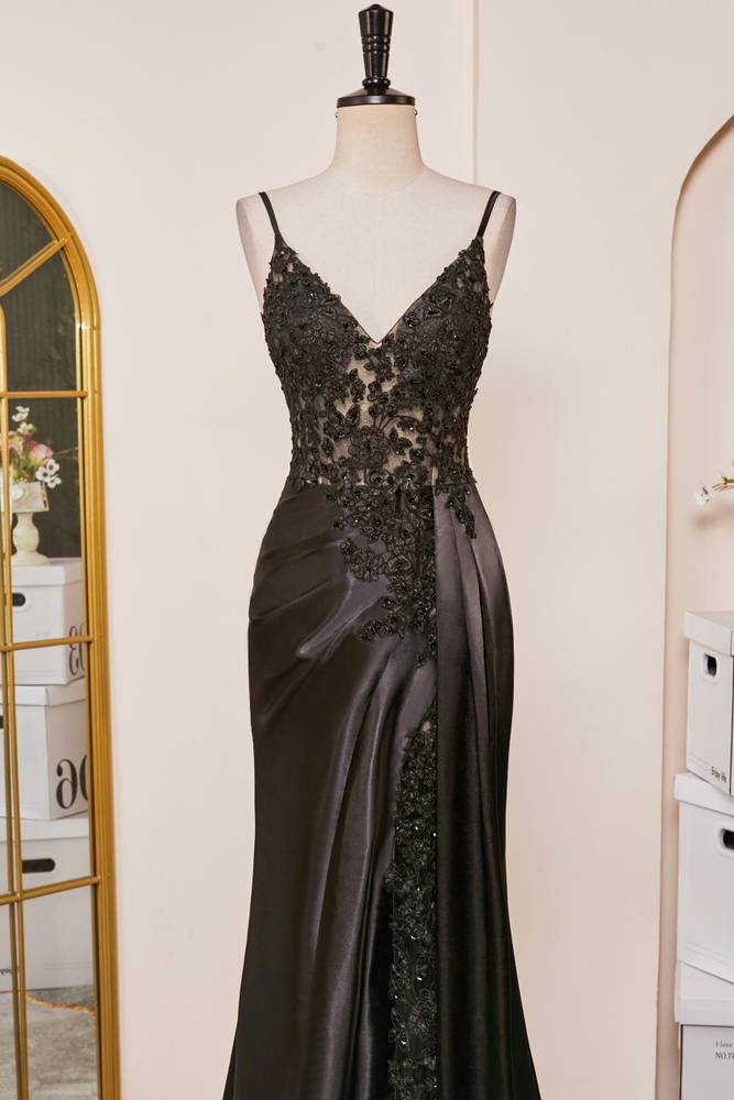 Black V-Neck Mermaid Lace Satin Prom Dresses with Sweep Train