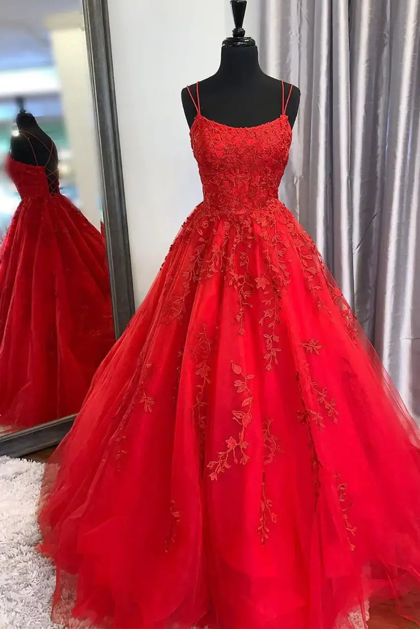 Red Spaghetti Straps Long A-Line Tulle Prom Formal Dresses with Appliques