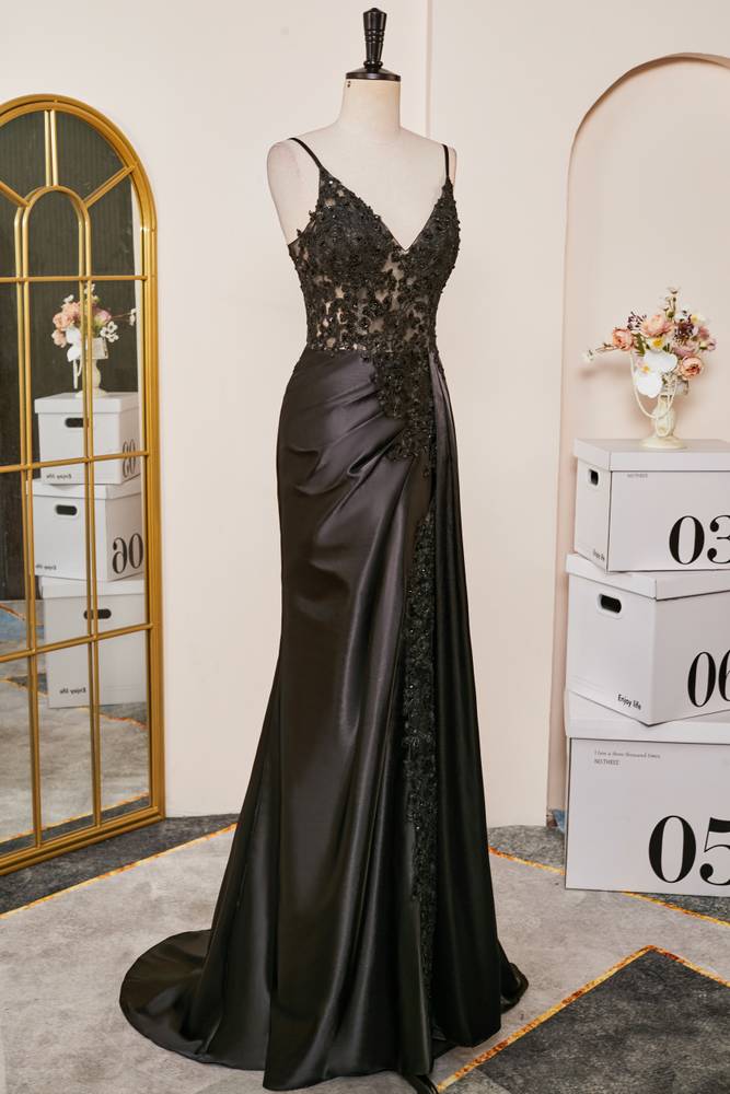 Black V-Neck Mermaid Lace Satin Prom Dresses with Sweep Train