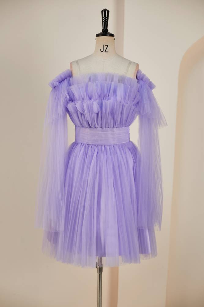 Lavender Off-The-Shoulder Long Sleeves Tulle Homcoming Dresses