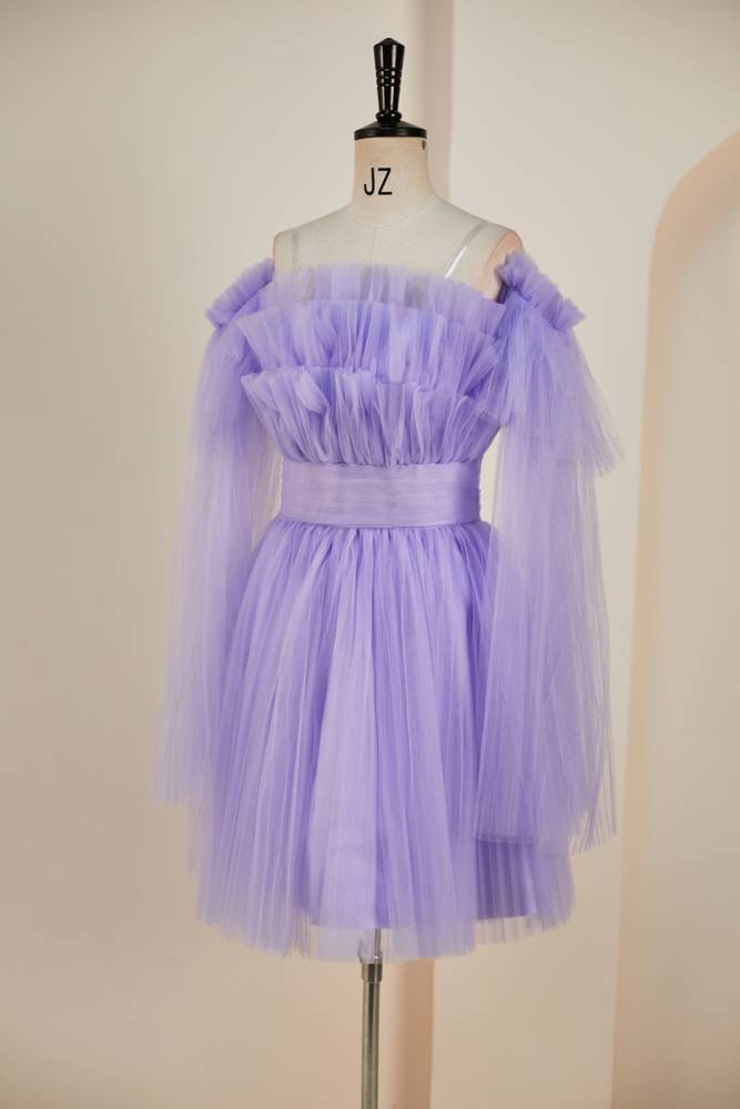 Lavender Off-The-Shoulder Long Sleeves Tulle Homcoming Dresses