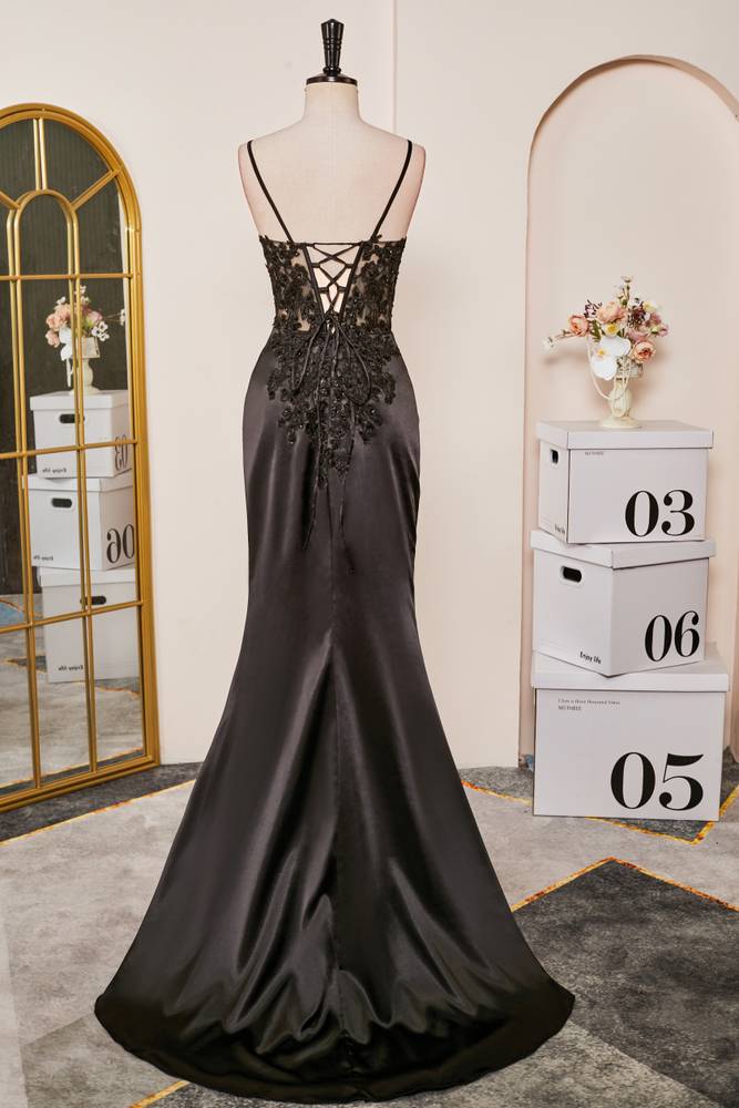 Black V-Neck Mermaid Lace Satin Prom Dresses with Sweep Train