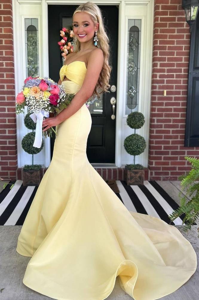 Yellow Strapless Long Mermaid Satin Prom Party Dresses