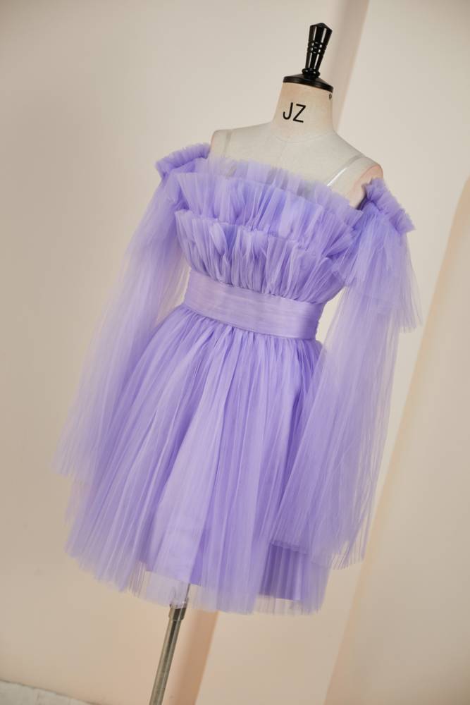 Lavender Off-The-Shoulder Long Sleeves Tulle Homcoming Dresses