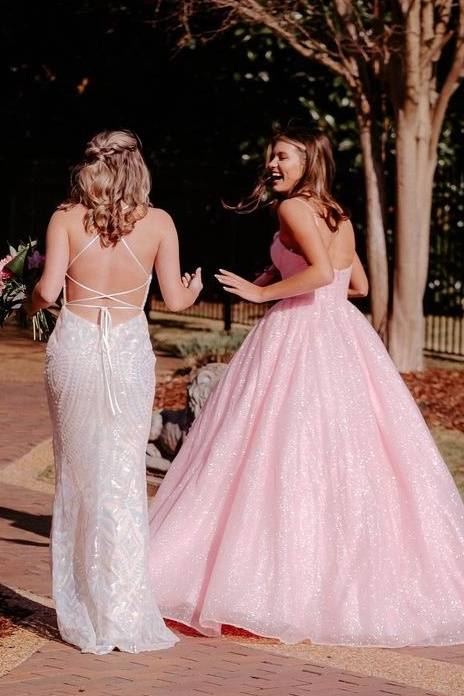 Pink Sparkly Spaghettii Straps A-Line Tulle Prom Party Dresses