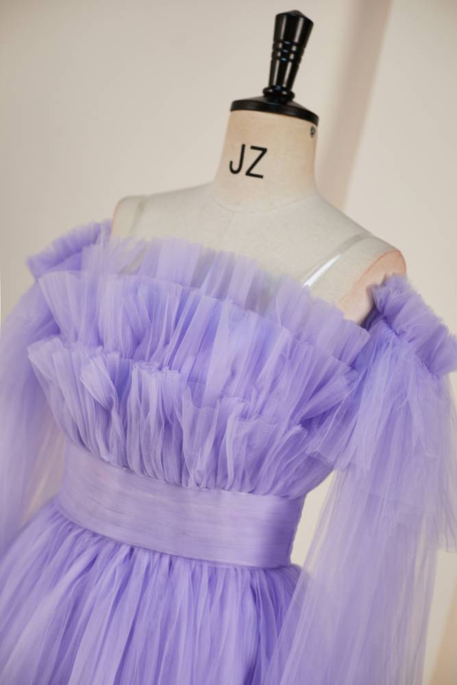 Lavender Off-The-Shoulder Long Sleeves Tulle Homcoming Dresses