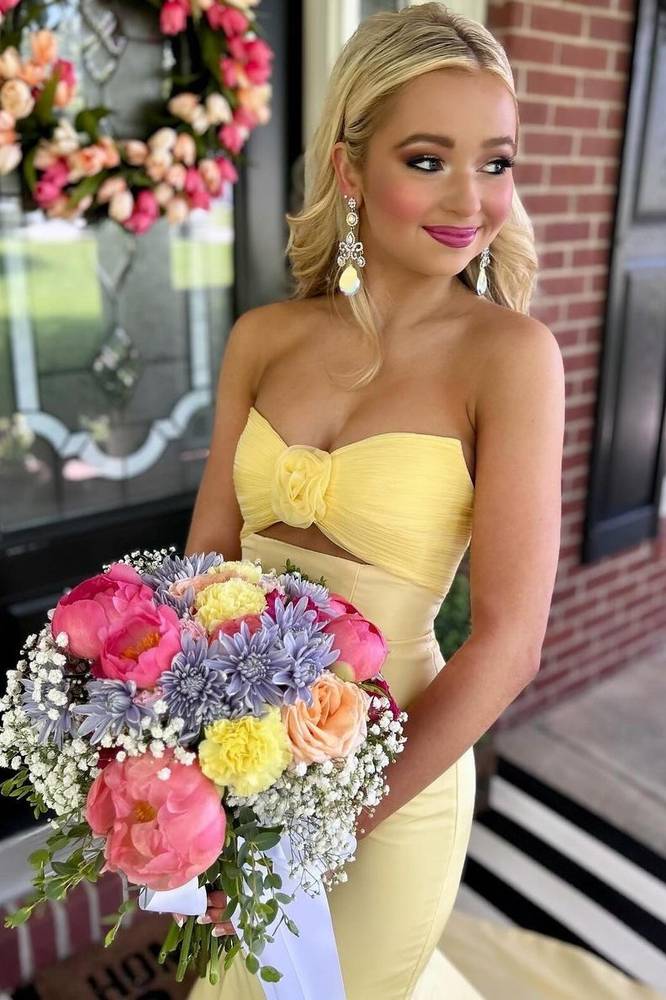 Yellow Strapless Long Mermaid Satin Prom Party Dresses