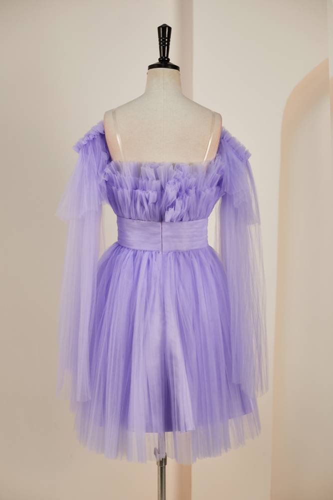 Lavender Off-The-Shoulder Long Sleeves Tulle Homcoming Dresses