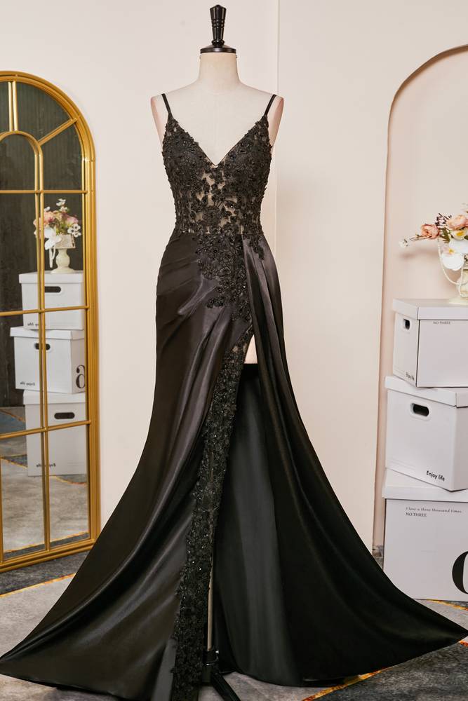 Black V-Neck Mermaid Lace Satin Prom Dresses with Sweep Train