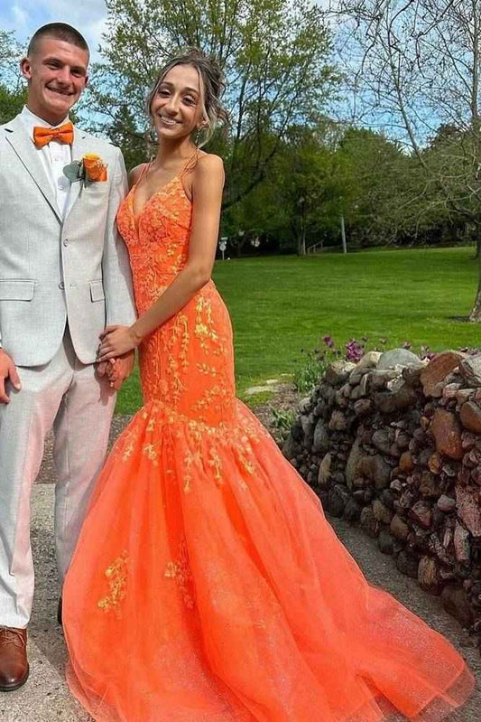 Orange V-Neck Spaghetti Straps Mermaid Tulle Prom Formal Dresses with Appliques