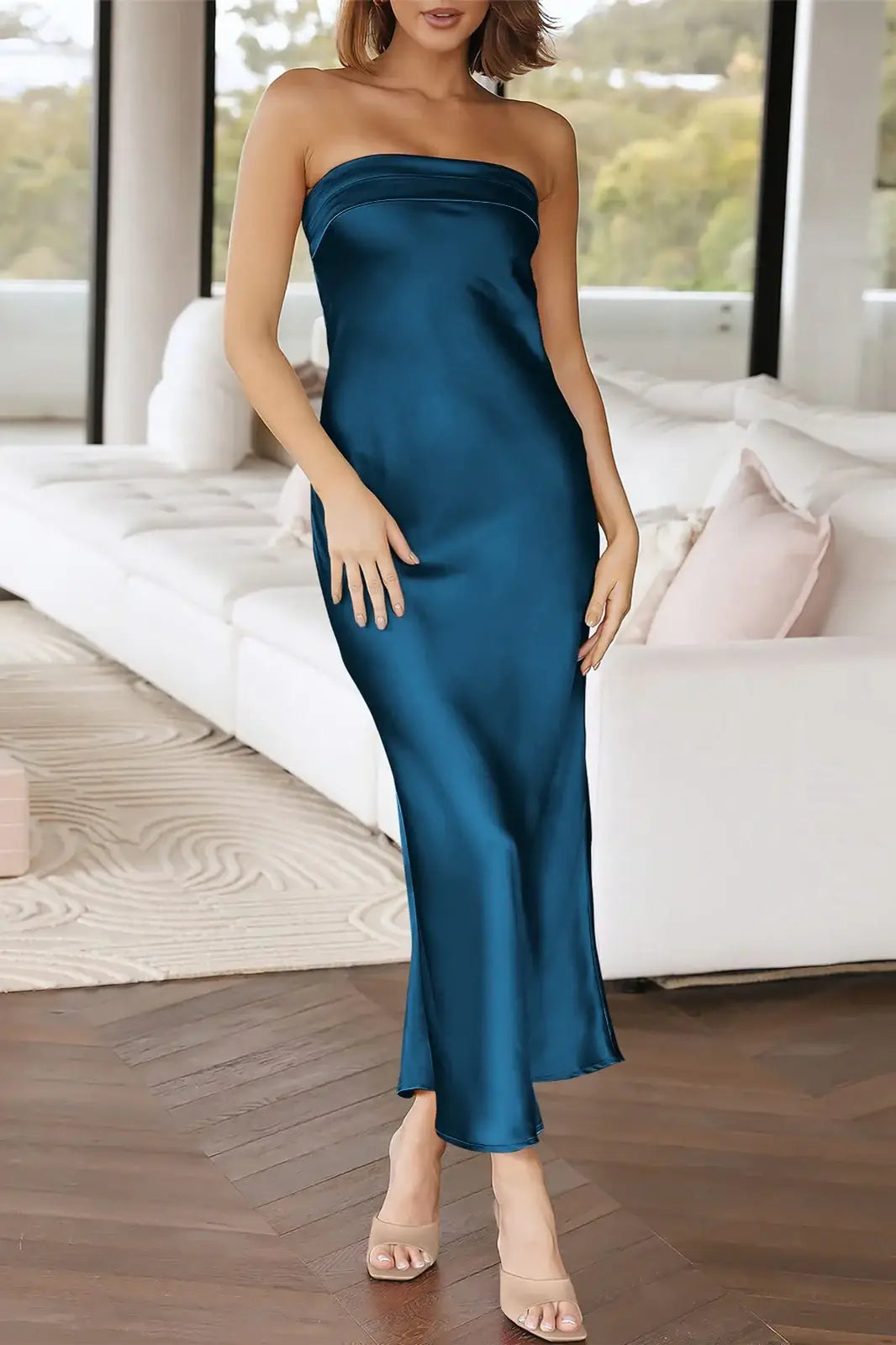 Ink Blue Ankle-Length Mermaid Strapless Bridesmaid Dresses