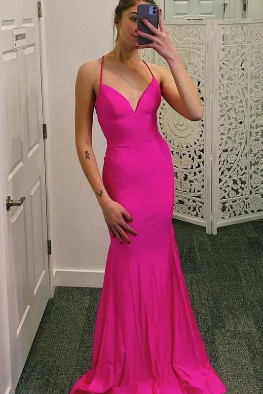 Fuchsia V-Neck Sleeveless Mermaid Satin Prom Dresses