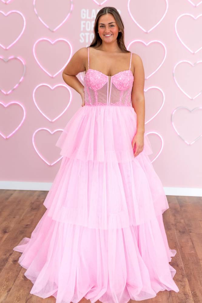 Pink Spaghetti Straps A-Line Tulle Prom Dresses with Ruffles