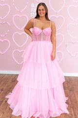 Pink Spaghetti Straps A-Line Tulle Prom Dresses with Ruffles