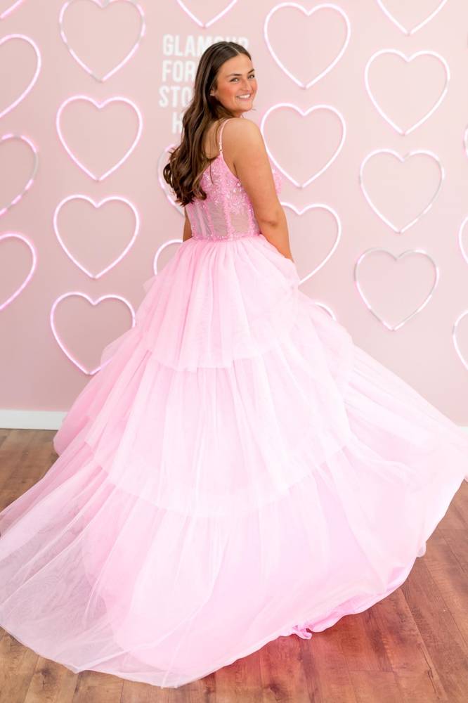 Pink Spaghetti Straps A-Line Tulle Prom Dresses with Ruffles