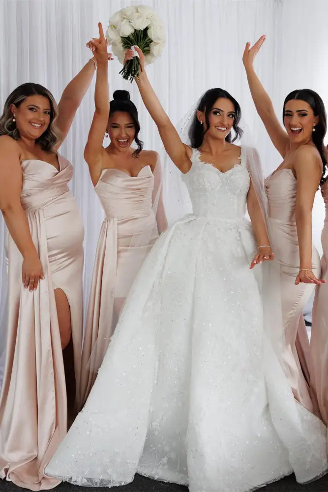 Pink Strapless V-Neck Bridesmaid Dresses with Slit