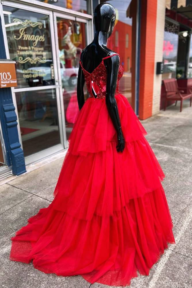 Red Spaghetti Straps A-Line Tulle Prom Dresses with Ruffles