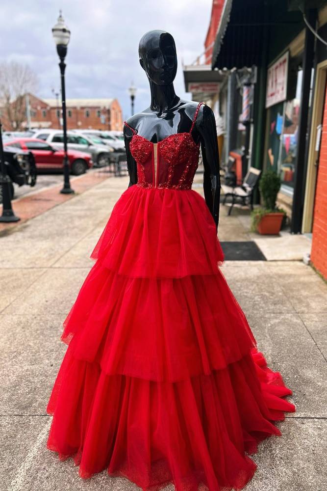 Red Spaghetti Straps A-Line Tulle Prom Dresses with Ruffles