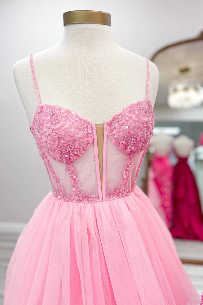 Pink Spaghetti Straps A-Line Tulle Prom Dresses with Ruffles