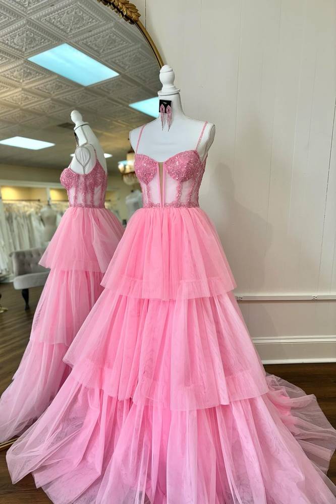 Pink Spaghetti Straps A-Line Tulle Prom Dresses with Ruffles