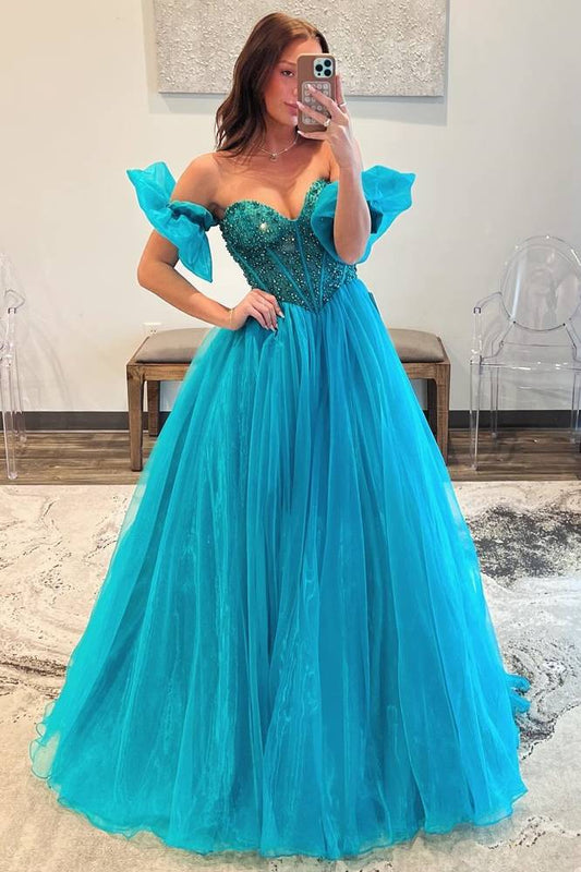 Floor-Length Strapless Ball Gown Tulle Formal Prom Dresses with Beads