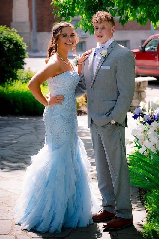 Light Blue Strapless Mermaid Tulle Prom Dresses Floor-Length