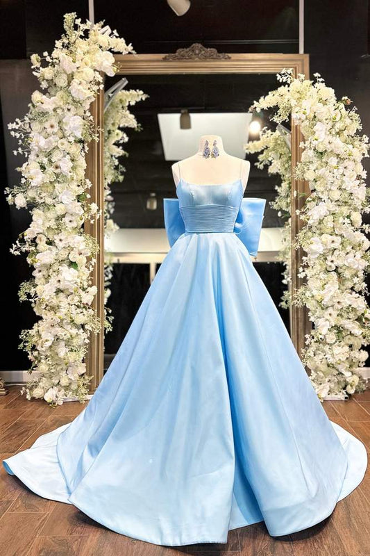 Light Blue Spaghetti Straps Long A-Line Satin Prom Dresses with Bow