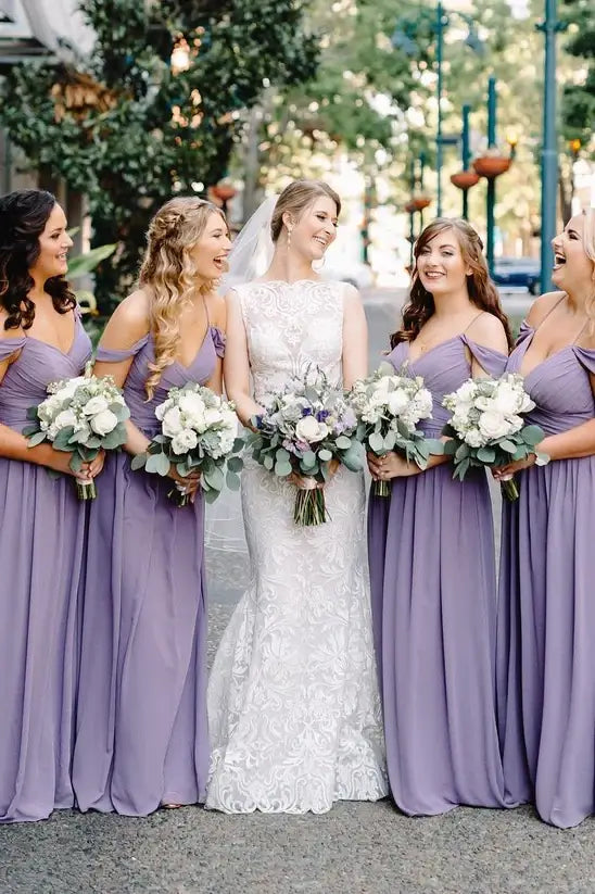 Purple Spaghetti Straps Off-The-Shoulder A-Line Chiffon Bridesmaid Dresses