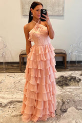 Halter Sleeveless A-Line Chiffon Formal Dresses with Ruffles