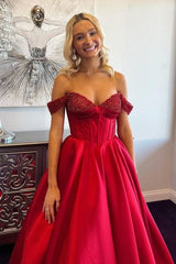 Red Off-The-Shoulder Ball Gown Satin Prom Formal Dresses with Beads