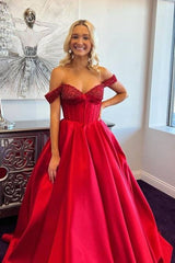 Red Off-The-Shoulder Ball Gown Satin Prom Formal Dresses with Beads