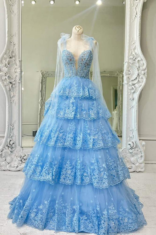 Light Blue Tiered A-Line Sequin Tulle Party Dresses