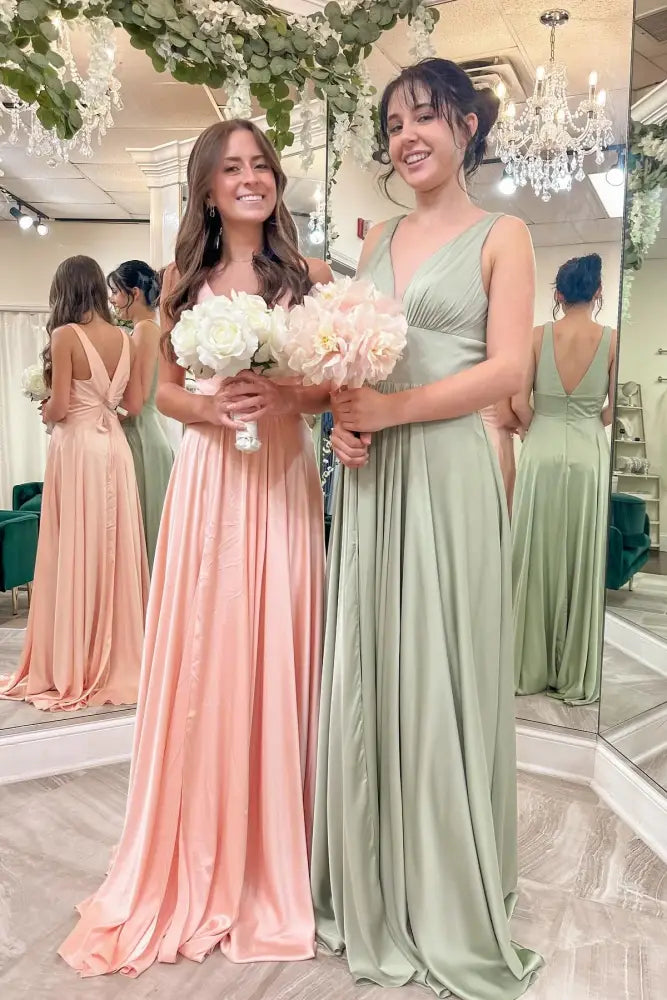 A-Line Satin V-Neck Backless Bridesmaid Dresses