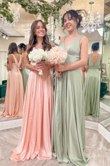 A-Line Satin V-Neck Backless Bridesmaid Dresses